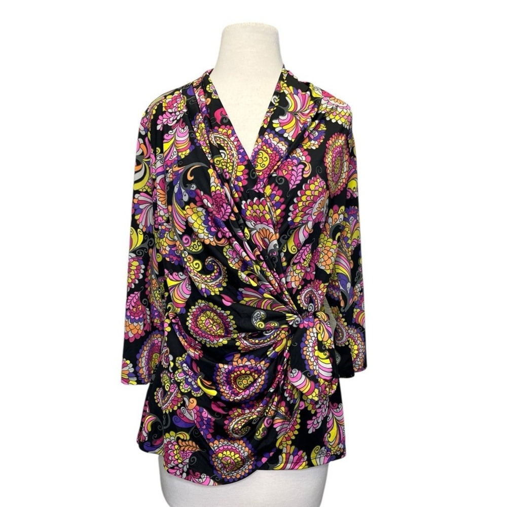Carmen Marc Valvo Y2K Paisley Retro Wrap‎ Top Large Pink Purple Black Slinky